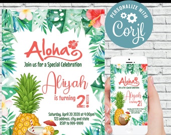 Hawaiian invitation, Hawaiian birthday invitation, Hawaiian invite, Birthday Invitation, Instant Download, Aloha, Tropical, Hawaiian