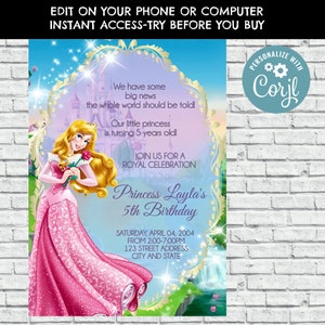 Princess Aurora Birthday Invitation, Aurora Invite, Princess Birthday Party Invites, Aurora, Sleeping Beauty, Corjl