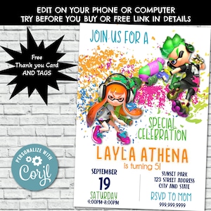 Splatoon Birthday Invitation, Splatoon Invite, Splatoon Birthday Party Invites, Splatoon, Corjl, Téléchargement instantané