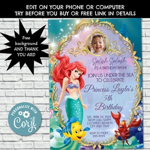 Mermaid Birthday Invitation, Mermaid Invite, Princess Birthday Party Invites, Little Mermaid, Evite, Mobile Phone Editable Digital, Corjl