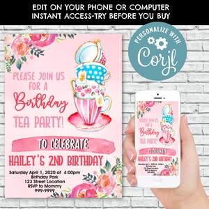 Tea Party Birthday Invitation, TeaParty  Birthday Invitation, Editable Birthday template, Birthday Invitation, Tea Party Invite, Corjl