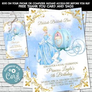 Cinderella Birthday Invitation, Cinderella Invite, Princess Birthday Party Invites, Cinderella, Princess, Waterolor, Elegant, Corjl