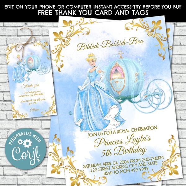 Invitation d’anniversaire de Cendrillon, Invitation de Cendrillon, Invitations à la fête d’anniversaire de princesse, Cendrillon, Princesse, Waterolor, Élégant, Corjl