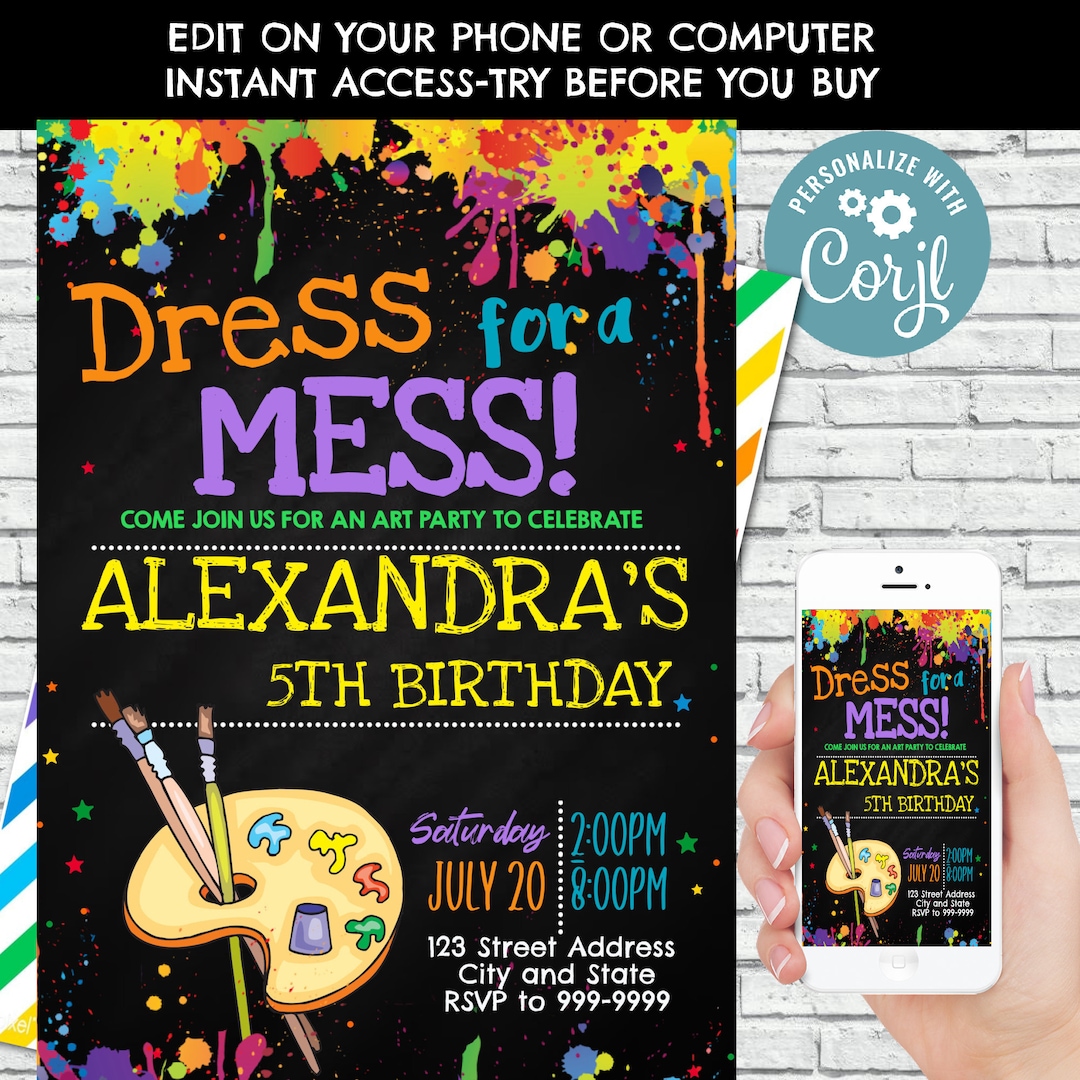 EDITABLE Art Invitation Birthday Party Invites Boy Girl Paint Art Craft ...