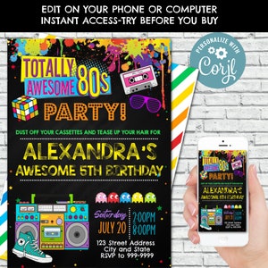 EDITABLE 80s invitation, 80s birthday invitation 80s party invitation 80s invites 80s party 80s theme party Corjl