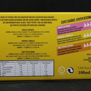 May include: Yellow box with a set of three chili sauces. The sauces are labeled "Chipotle & Pineapple", "Habanero & Tomatillo", and "Ghost Pepper & Mango". The box also includes nutritional information and a vegan symbol.