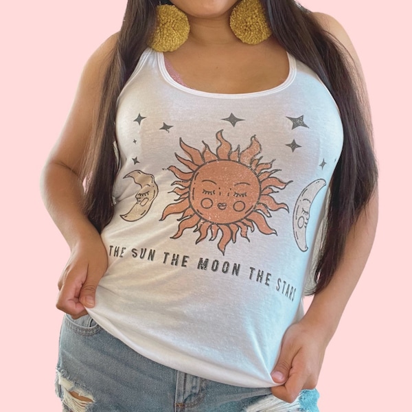 Celestial Sol y Luna| Sun Moon Stars Cosmic  Mystic Mystical Bohemian Boho Vintage Retro White  Inspired Tank