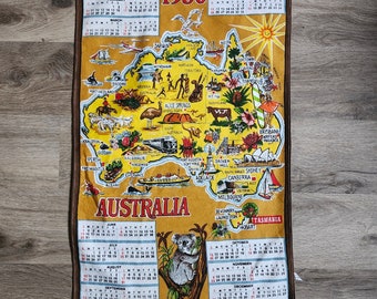 Vintage Australien 1980 - Vintage Geschirrhandtuch - Orange-weiß mit braunem Rand - Tiere, Pflanzen und Land - 100% Baumwolle