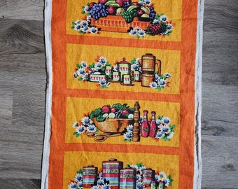 Save the Children Fund – vollfarbiges Vintage-Küchenhandtuch – Gelb/Orange mit orangefarbenem Rand – Früchte, Öle und Tees – reines irisches Leinen