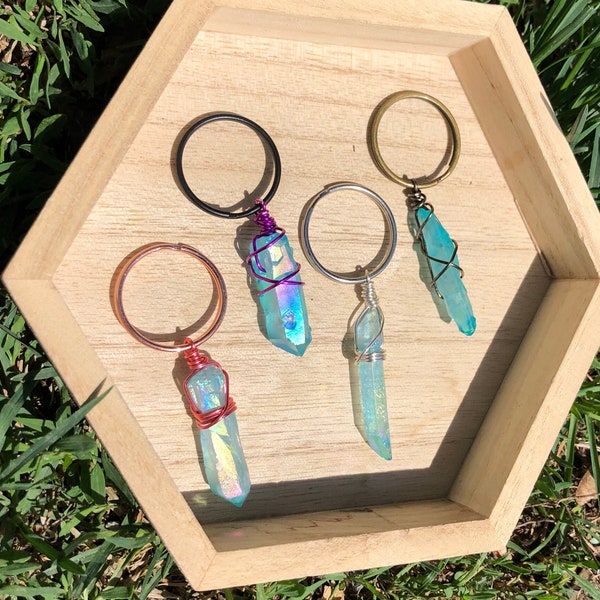 Blue aura quartz keychain | Blue quartz | Crystal keychain | wire wrap keychain | Blue quartz keychain | unique keychain | fairy keychain