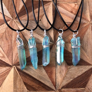 OCEAAN BLAUW AURA kwarts choker draad gewikkeld lange kristallen ketting blauw kwarts