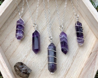 Wire Wrapped Amethyst Crystal Point Necklace with Lotus Symbol 20 Silver Chain.