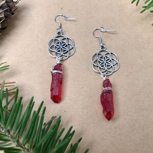 FLOWER OF LIFE red blood quartz dangle sacred geometry tribal earrings