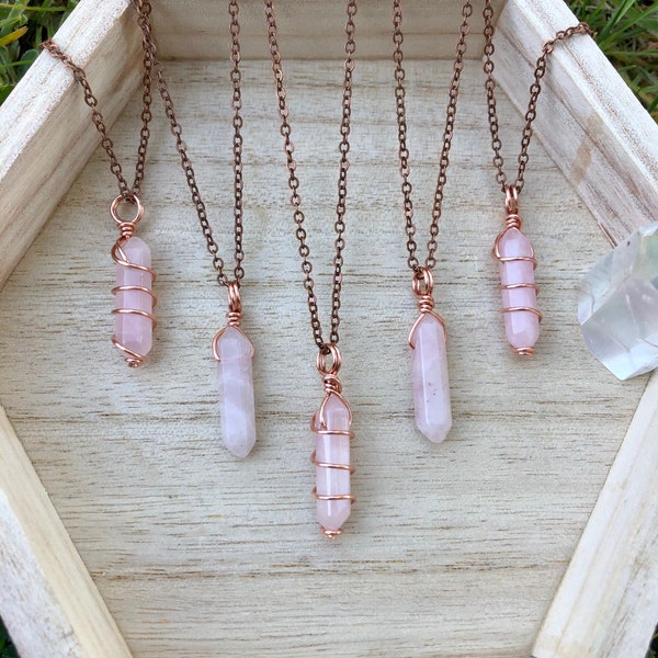 Rose Quartz Crystal Necklace | wire wrap crystal necklace | crystal wire wrapped necklace | Natural rose quartz  | dainty rose quartz