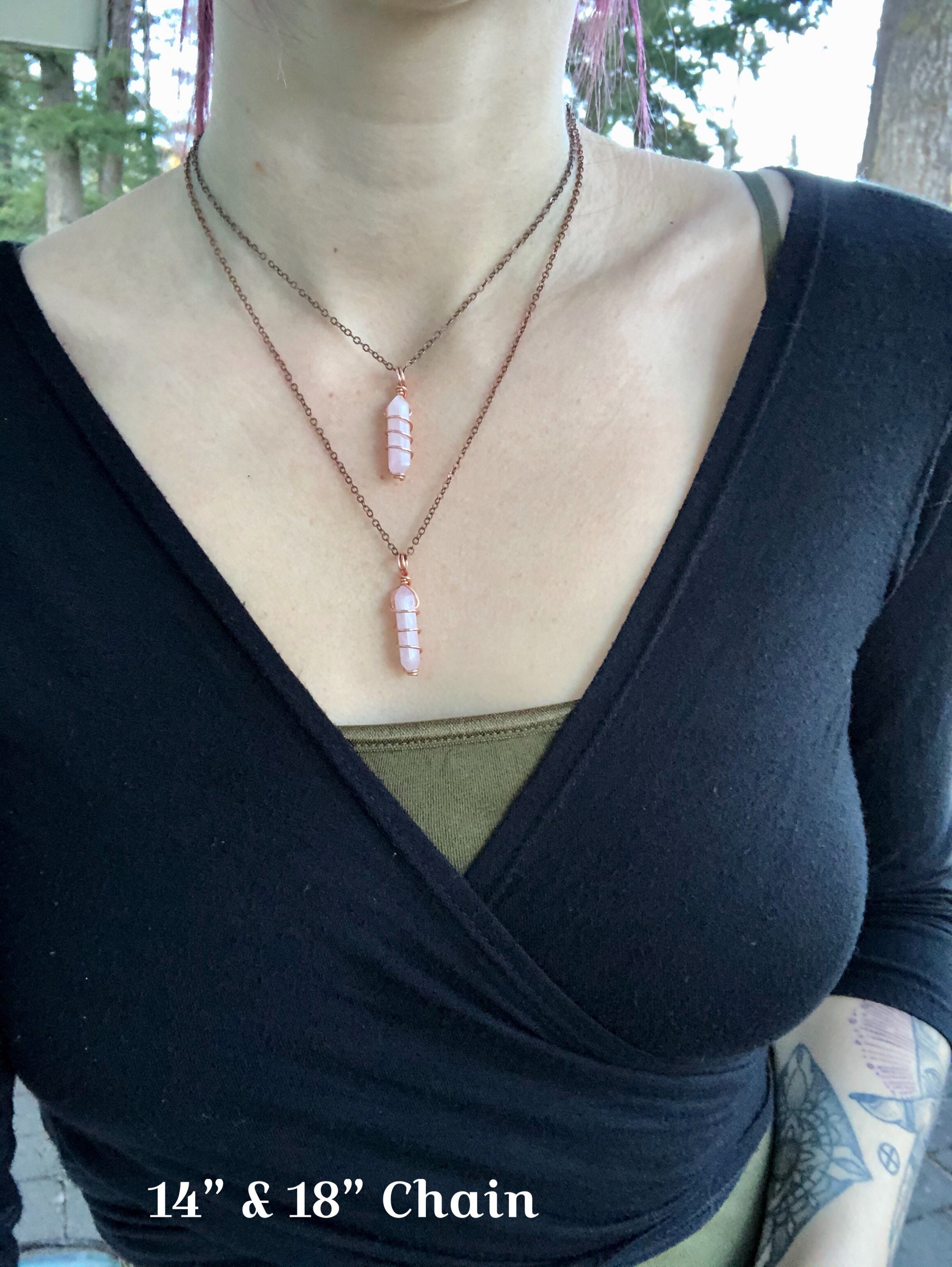 XS Dainty rose quartz Crystal necklace on copper or silver wire wrap