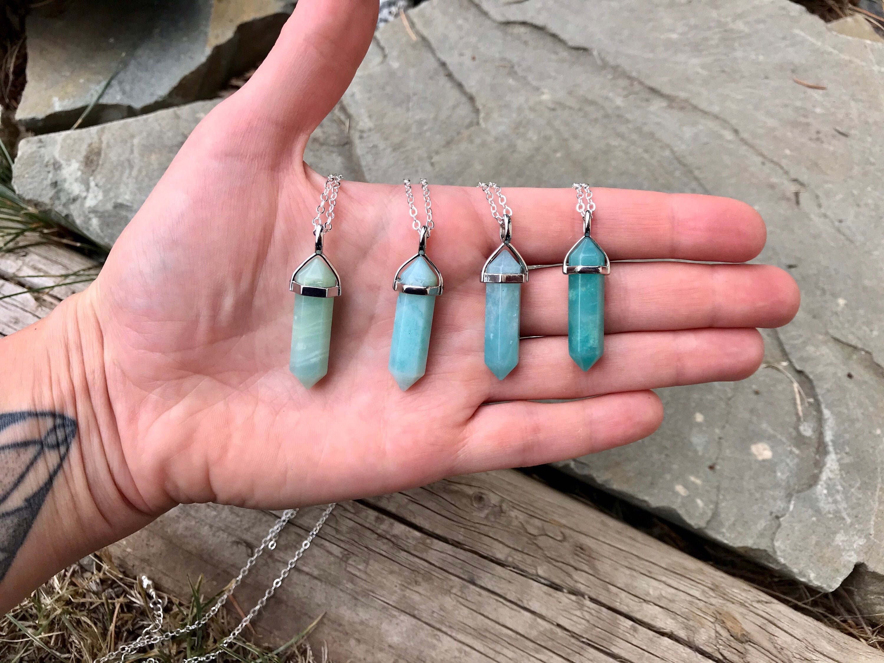 Ocean blue amazonite point pendant healing crystal necklace