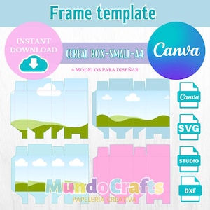 Plantilla de CAJA de CEREAL MINI, caja de Mini Cereal en Svg, Snack caja Plantillas de caja para cereal editable en Canva