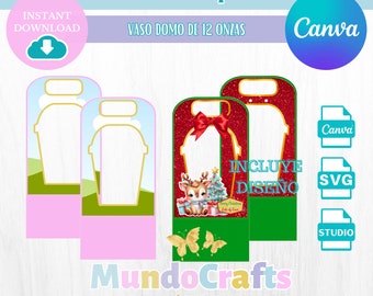 Plantilla de VASO DOMO de 12 Onzas, Plantillas en Formatos SVG, Studio y Canva, Plantillas para fiestas o cumpleaños personalizados.