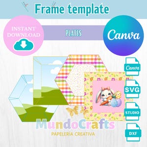 PLANTILLA PLATO HEXAGONAL y plato cuadrado Editable en Canva, Cricut y Cameo Marcos de Canva para fietas personalizadas.