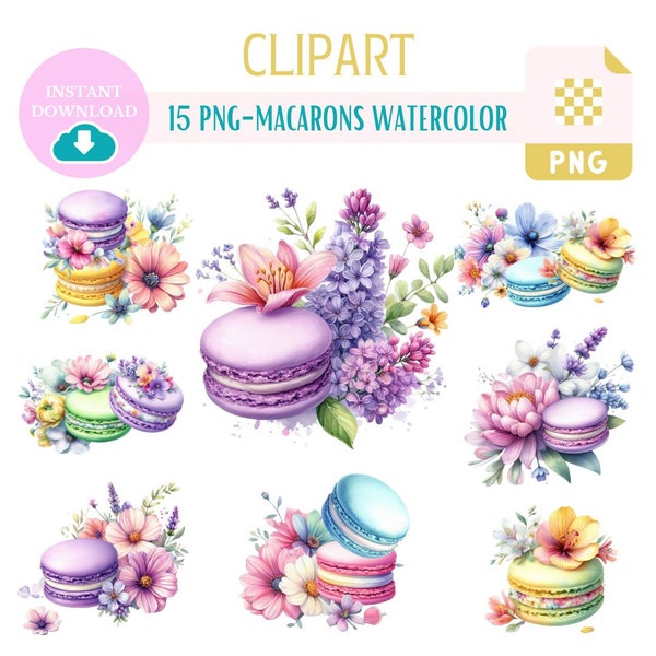 CLIPART MACARONS en Acuarela con Flores y Rosas en Png, Ilustraciones de macarons con flores en png.