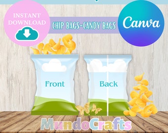 Maqueta para bolsas de papitas chips editables en Canva