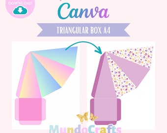 PLANTILLA de CAJA TRIÁNGULO, plantillas de caja pirámide editable en Canva, Pantillas de cajas para cumpleaños editable en Canva.