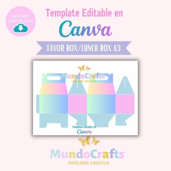 PLANTILLA de LUNCH BOX editable en Canva, Marcos Canva para cajas de cumpleaños, plantilla de cajas sorpresa para cumpleaños.