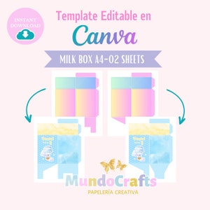 PLANTILLA de CAJA de LECHE editable en Canva, Marcos de cajas para personalizar en Canva, plantillas de cajas para cumpleaños.