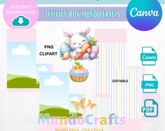 CAJA DE ACTIVIDADES para personalizar en Canva, cricut o Cameo, png imagenes de conejita en acuarela para pascua