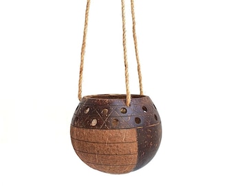 Hanging Stripes Coconut Planter | Crafted from a Reclaimed Coconut Shell | Eco-Friendly Jute Rope Hanger | Boho-Style Garden Decor