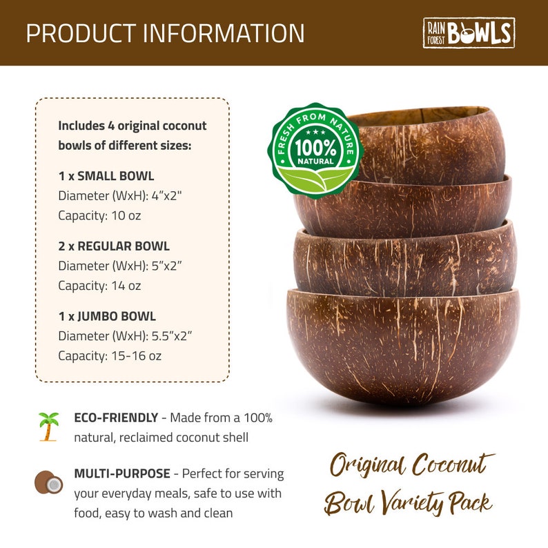 Rainforest Bowls Set of 4 Raw Coconut Bowls Variety Pack - Thumbnail 3