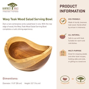 Wavy Teak Wood Salad Serving Bowl Rustic Handmade Teak Wood Bowl Eco-Friendly, All Natural 1 Bowl Sold 1 Tree Planted image 5