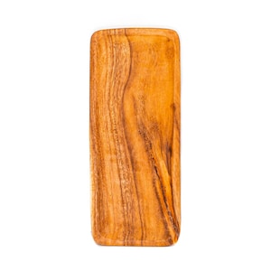 May include: Rectangular wooden serving tray with rounded corners. The tray is made of a light brown wood with a prominent grain pattern. The tray is empty and sits on a white background.