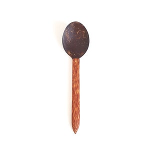 May include: A brown coconut shell spoon with a wooden handle. The spoon is made from natural materials and is perfect for serving desserts or other foods.
