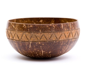 Handcarved Zigzag Coconut Bowl | Sustainable, All-Natural Art Bowl | Made from a Reclaimed Coco Shell | 1 Bowl Sold = 1 Tree Planted