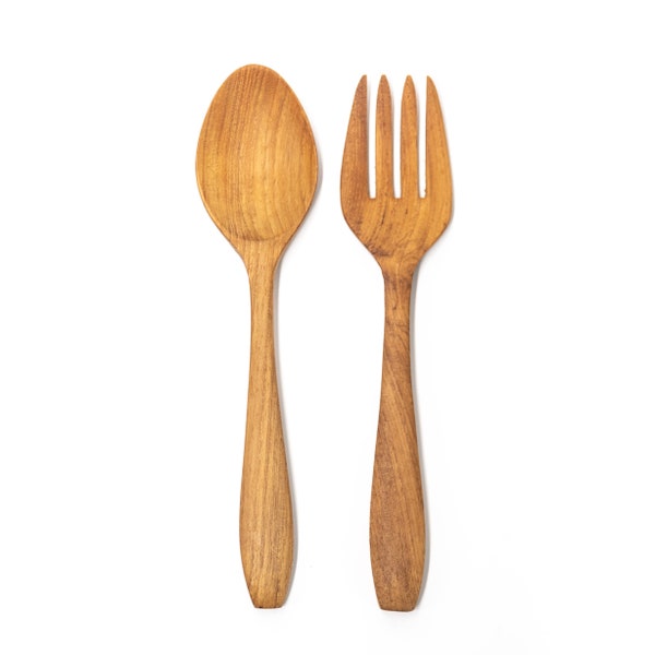 Classic Teak Wood Utensils | Created by Indonesian Artisans | Hand Carved Wooden Spoon and Fork Set for Eating | All-Natural Wooden Utensil