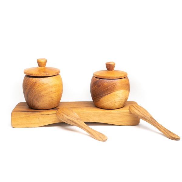 Teak Wood Spice Jar Set with Tray and Spoons