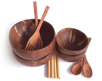 Eco-Kitchen Set 2-Pack | Small & Jumbo Original Coconut Bowls + Coconut Wood Utensils + Bamboo Straws | Earth-Friendly, Sustainable