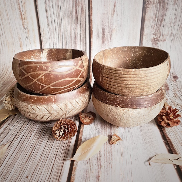 4 Earth & Sand Art Coconut Bowls | Artisan-Made | Boho Lifestyle Combo | Handcrafted from Upcycled Coco Shells