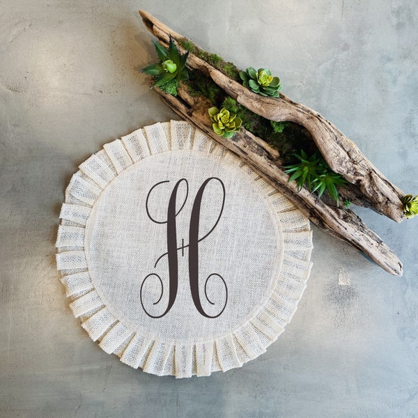 Elegant Ruffled Round Burlap Monogram Placemat, Free Shipping, Custom Placemat, Initial Placemat, Personalized Placemats