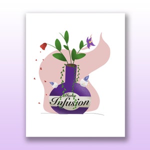 May include: Illustration of a purple bottle labeled "Mana Infusion" with a floral arrangement. The arrangement includes green leaves, a red flower, and a purple flower. Two small, white, ghost-like figures are on the bottle.