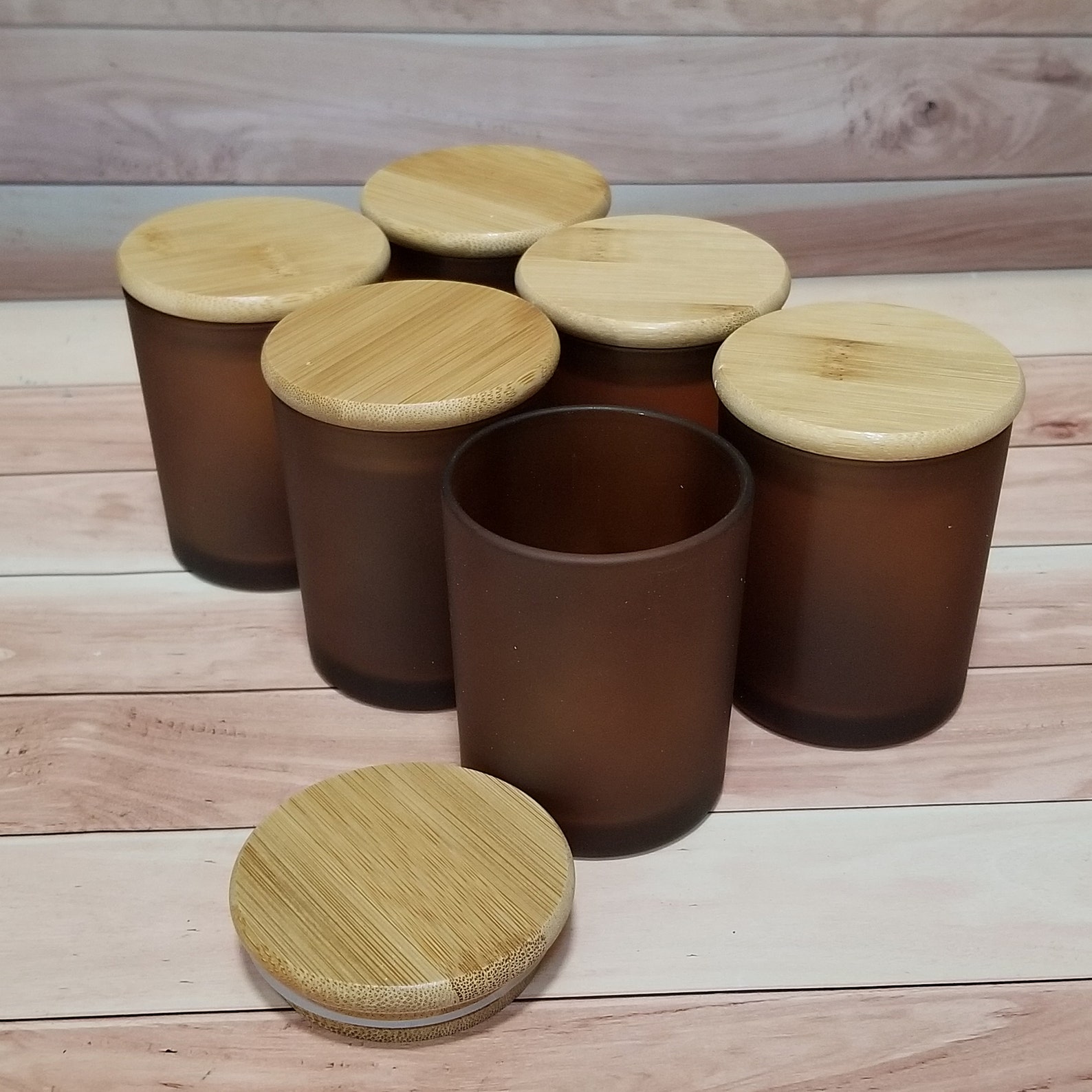 6 Pack Amber Frost Glass Candle Jar W/ Bamboo Lids 6 OZ Etsy Australia