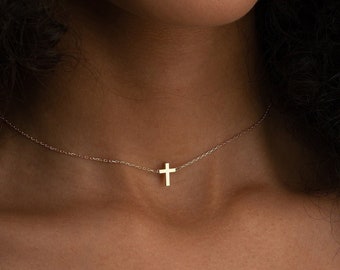 18k Cross Necklace, Tiny Gold Cross Necklace, Dainty Silver Crucifix Necklace, Valentines Day Gifts, Small Cross Necklace