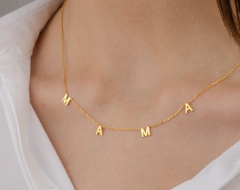 14K Solid MAMA NECKLACE , Mama Letter Necklace , Spaced Letter Necklace, Custom Name Necklace , Initial Necklace, Christmas Gift