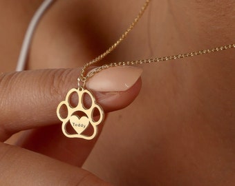 Paw Necklace, Dog Name Necklace, 18k Pet Jewelry, Gift for Animal Lovers, Dog Memorial Gift, Christmas Gift