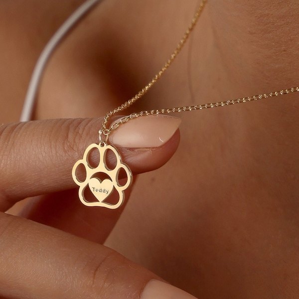 Paw Necklace, Dog Name Necklace, 18k Pet Jewelry, Gift for Animal Lovers, Dog Memorial Gift, Christmas Gift