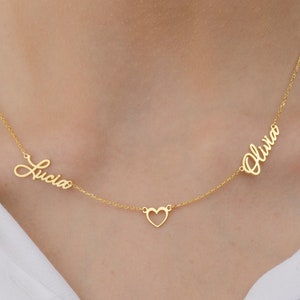 Mother's Day Gift, Two Name Necklace with Heart, Gold Name Necklace, 2 names necklace, Dainty Name Necklace, Personalized Jewelry