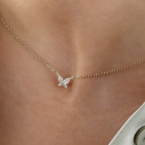 Tiny Butterfly Necklace - Minimalist Gold or Silver Pendant - Handmade Diamond Jewelry Gift for Her