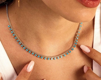 18K Gold Dainty Turquoise Necklace, Rowed Turquoise Stone Necklace, Turquoise Beaded Necklace, Sterling Silver Blue Necklace, Christmas Gift