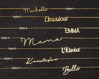 May include: Seven gold necklaces with different styles of nameplates. The names on the necklaces are Michelle, Cessica, Emma, Mama, Olivia, Kristofer, and Bella.